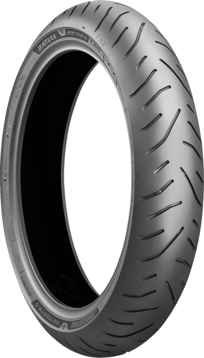 BRIDGESTONE T33 front motorcycle tire 120/70R19 with 60V speed rating, showing tread pattern and sidewall details.
