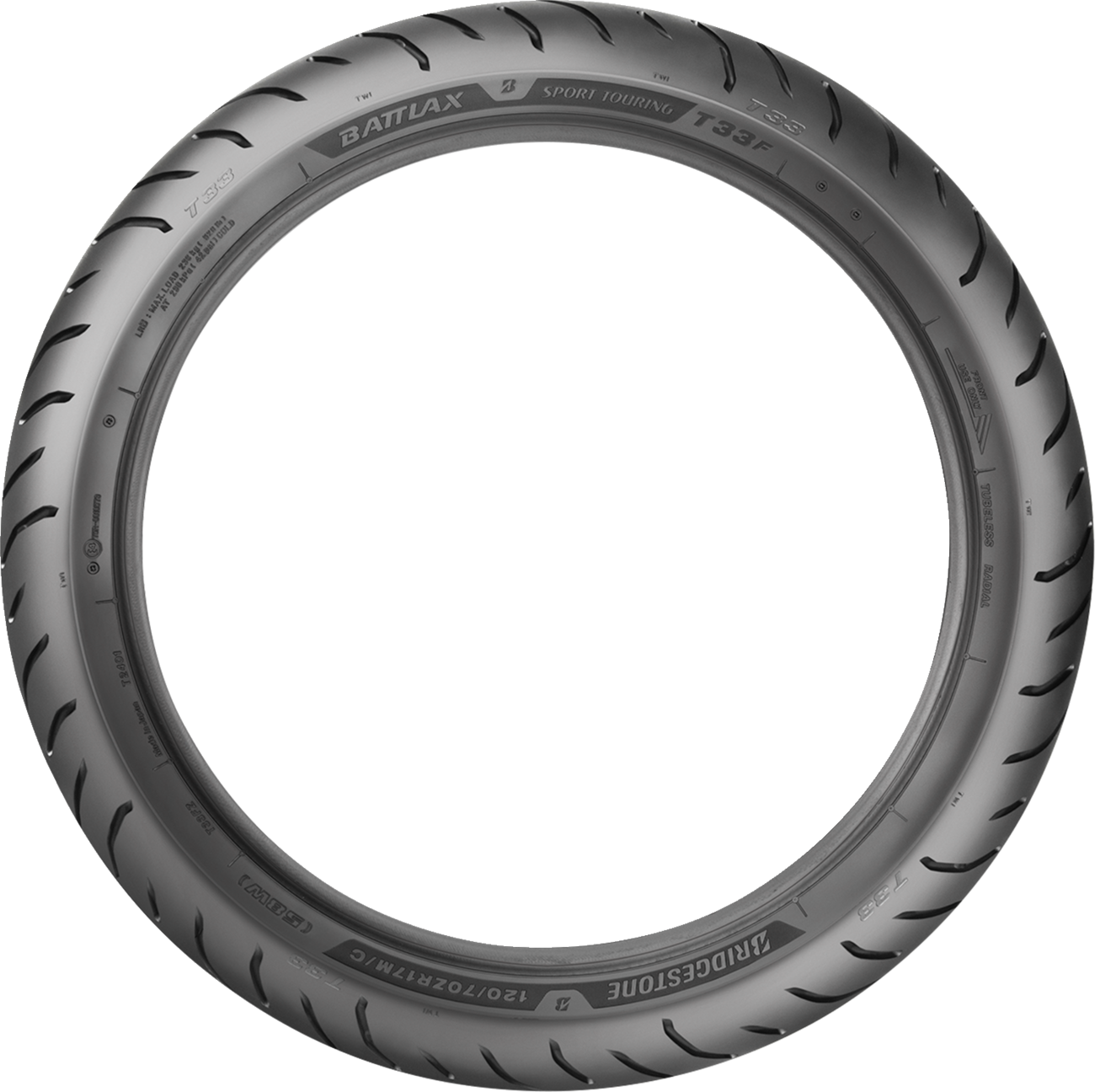 BRIDGESTONE T33 front motorcycle tire with 120/70R19 size and 60V load rating, shown mounted on a bike wheel.