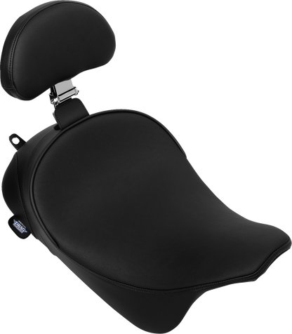 Drag Specialties solo front seat with backrest option for Harley FL models 2008-2023, featuring comfortable upholstery and sleek design.