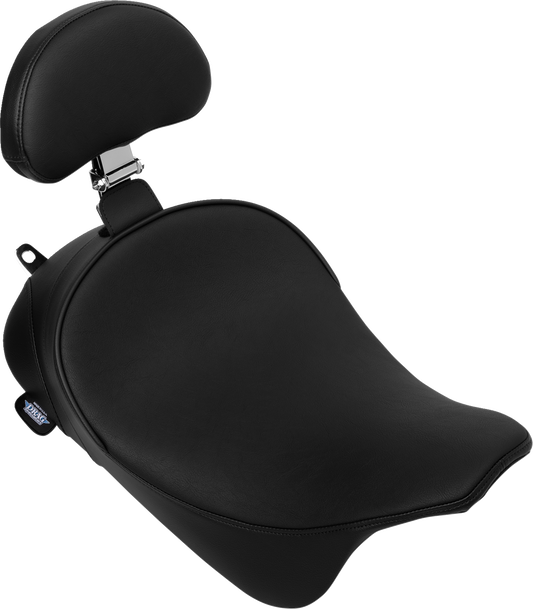 Drag Specialties solo front seat with backrest option for Harley FL models 2008-2023, featuring comfortable upholstery and sleek design.