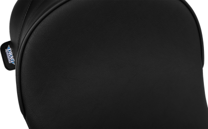 Drag Specialties solo front seat with backrest option for Harley FL models 2008-2023, featuring durable black leather and ergonomic design.