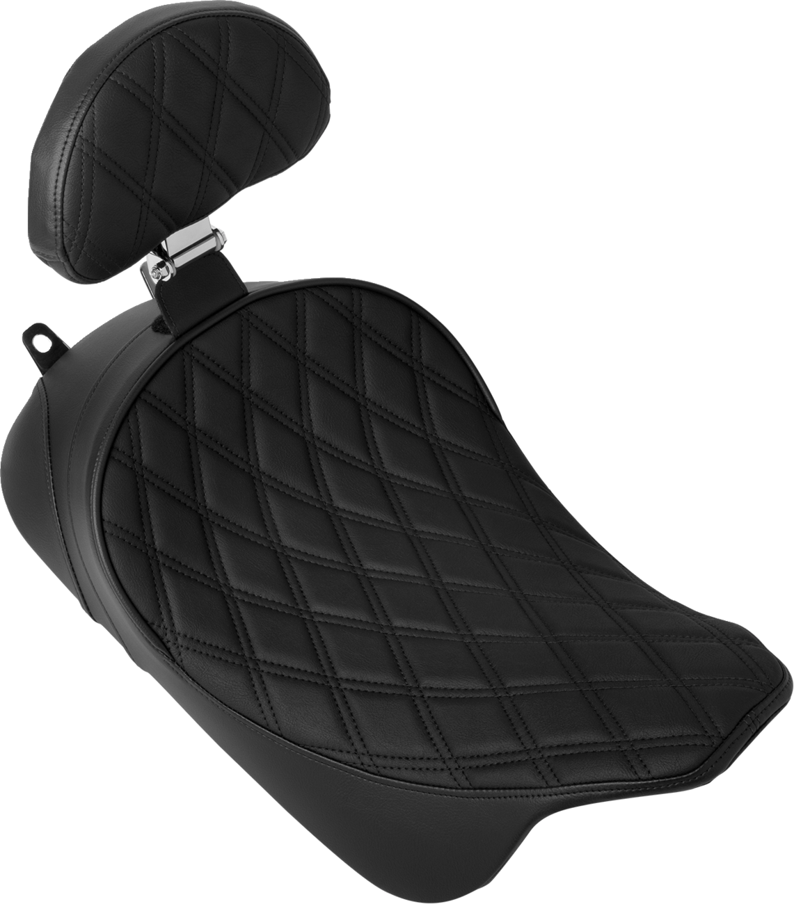 Drag Specialties solo front seat for Harley FL 2008-2023 with double diamond pattern, black stitching, and optional backrest.