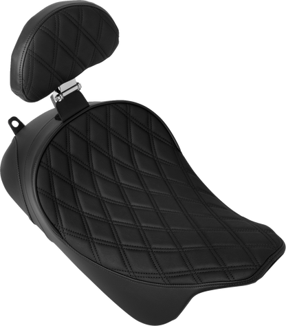 Drag Specialties solo front seat for Harley FL 2008-2023 with double diamond pattern, black stitching, and optional backrest.
