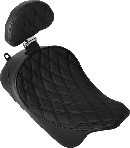 Drag Specialties solo front seat for Harley FL 2008-2023 with double diamond pattern, black stitching, and optional backrest.