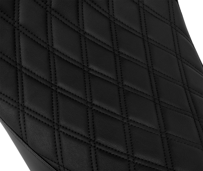 Drag Specialties solo front seat for Harley FL 2008-2023 with double diamond pattern, black stitching, and optional backrest.