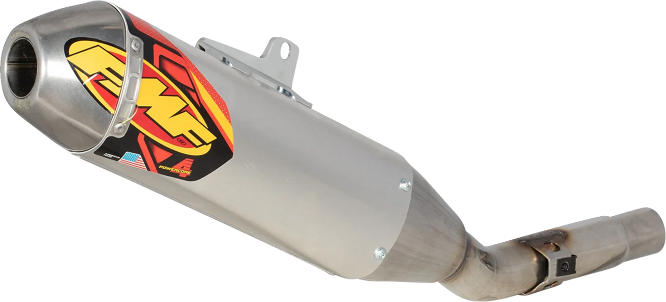FMF Powercore 4 Hex Slip-On Muffler for KX 250 motorcycle, showing the black and silver exhaust with branding details.