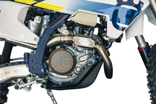 FMF MegaBomb titanium header for TF 250-X dirt bike, showing shiny titanium finish and sleek design.