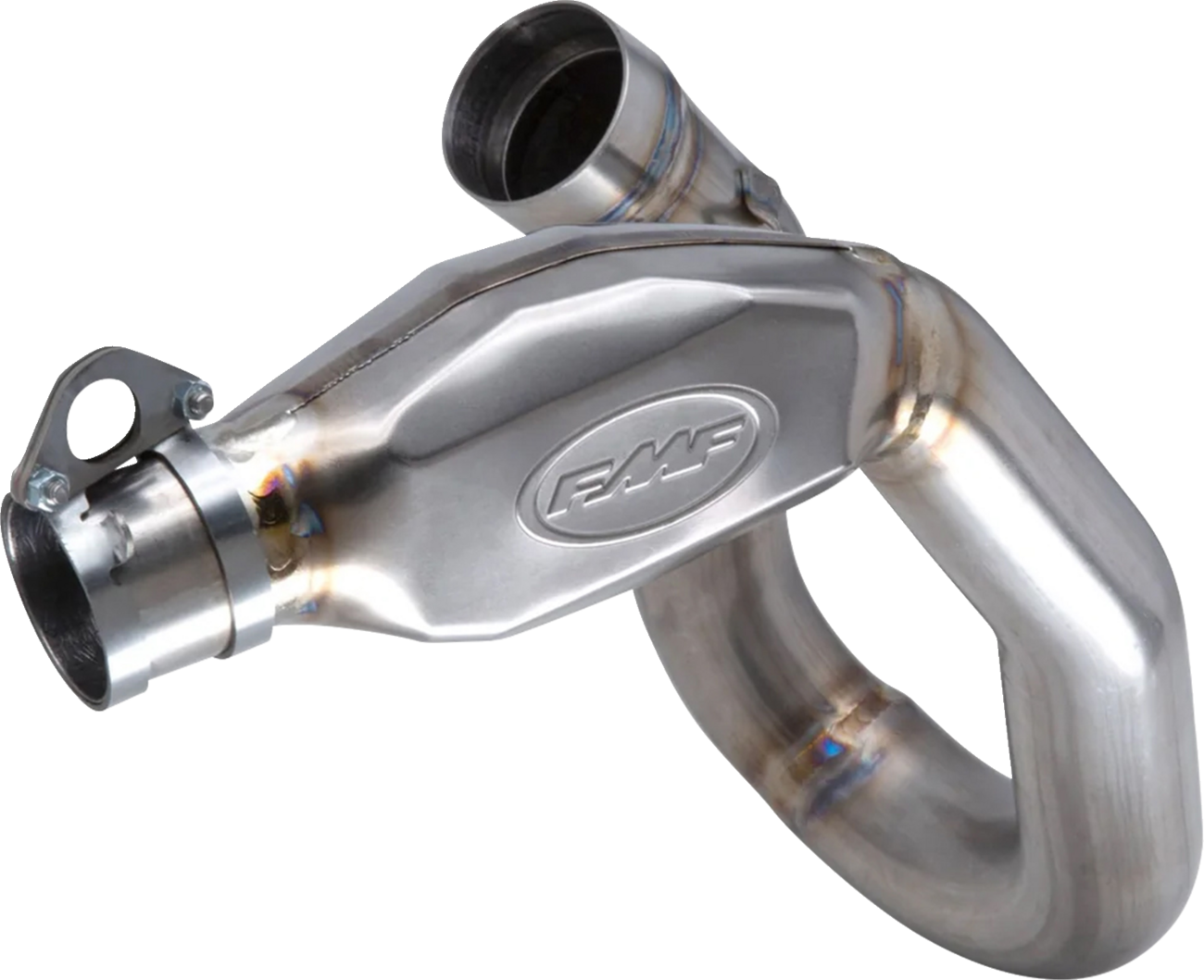 FMF MegaBomb titanium header for TF 250-X motorcycle, showcasing the durable, lightweight exhaust header with polished finish.