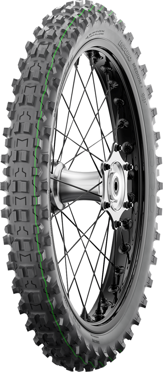 Michelin Enduro Medium 2 front motorcycle tire 90/100-21 for off-road riding, showing the tread pattern and sidewall details.