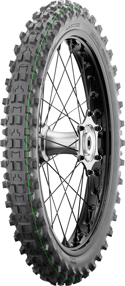 Michelin Enduro Medium 2 front motorcycle tire 90/100-21 for off-road riding, showing the tread pattern and sidewall details.