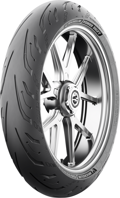 Michelin Power Shift front motorcycle tire 120/70R17 58H with enhanced wet grip and durability, shown mounted on a wheel
