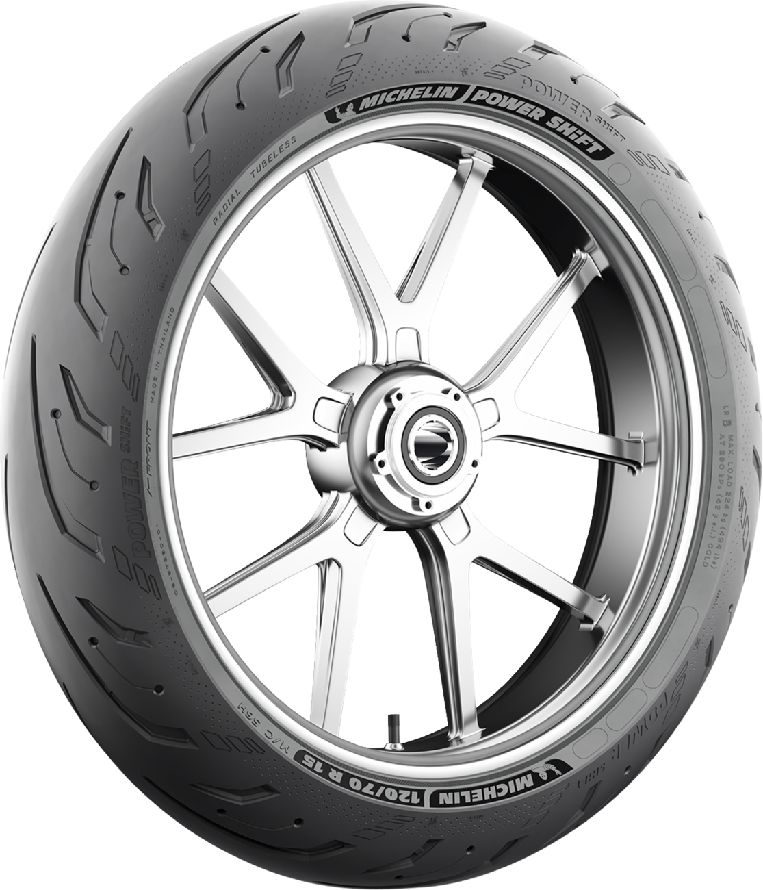 Michelin Power Shift front motorcycle tire 120/70R17 with wet grip and durability, shown on a motorcycle wheel.