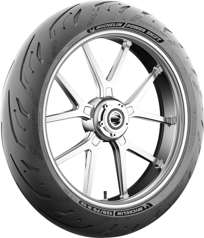 Michelin Power Shift front motorcycle tire 120/70R15 with enhanced wet grip and long-lasting performance.
