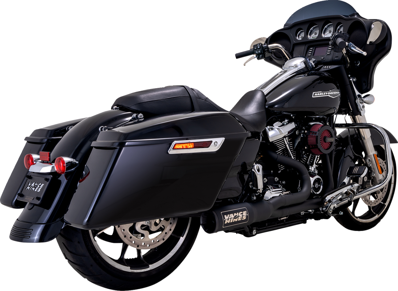 VANCE & HINES 47321-22 2-Into-1 High Output PCX™ Exhaust System in black finish for touring bikes, showing the sleek motorcycle exhaust.