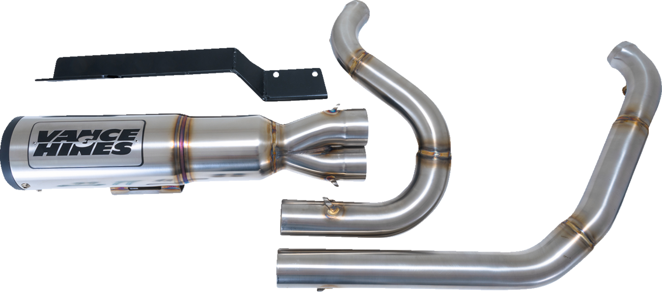 VANCE & HINES 2-into-1 High Output PCX™ Exhaust System in brushed finish for touring motorcycles, front view.