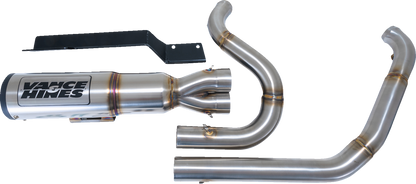 VANCE & HINES 2-into-1 High Output PCX™ Exhaust System in brushed finish for touring motorcycles, front view.