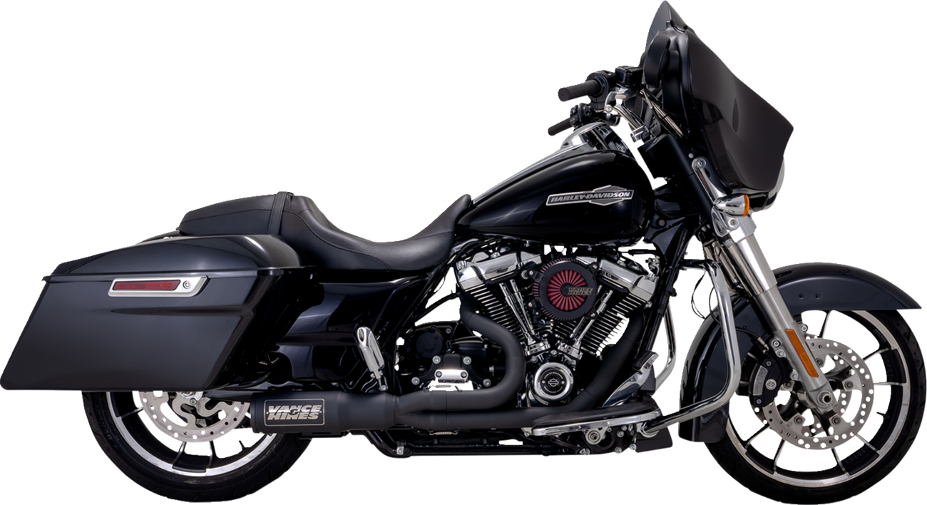 VANCE & HINES 47321-22 2-Into-1 High Output PCX™ Exhaust System in black for touring bikes, featuring sleek metal construction.