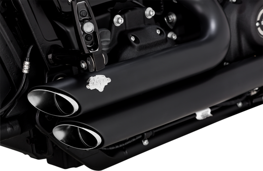 VANCE & HINES Shortshots Staggered PCX™ Exhaust System in matte black for motorcycle, showing the dual exhaust pipes and sleek finish.