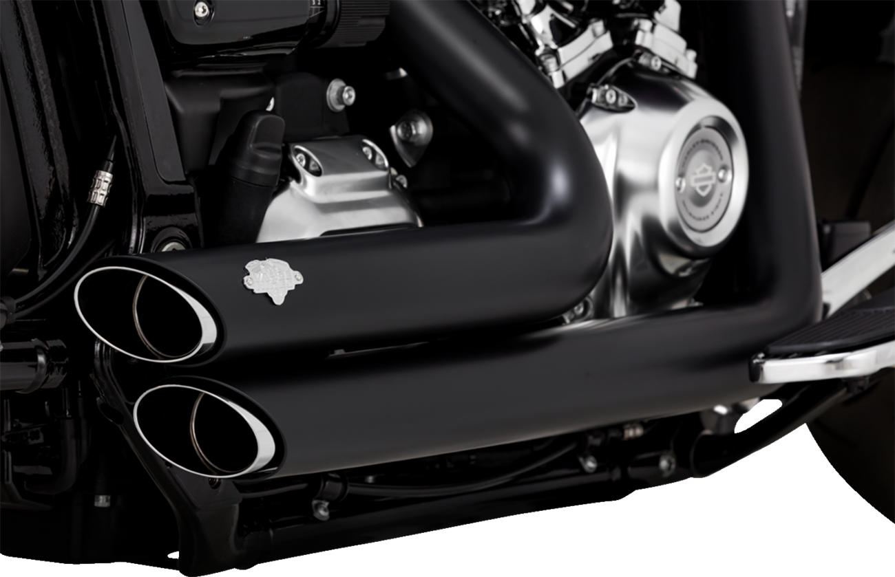 Black Vance & Hines Shortshots Staggered exhaust system with PCX™ technology for motorcycles, featuring dual short, staggered pipes.