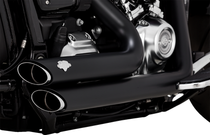 Black Vance & Hines Shortshots Staggered exhaust system with PCX™ technology for motorcycles, featuring dual short, staggered pipes.