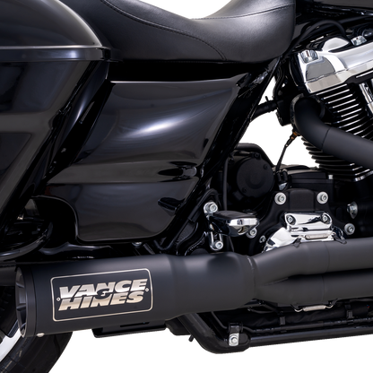 VANCE & HINES high output 2-into-1 PCX™ exhaust system for touring bikes, black finish, with polished steel details.