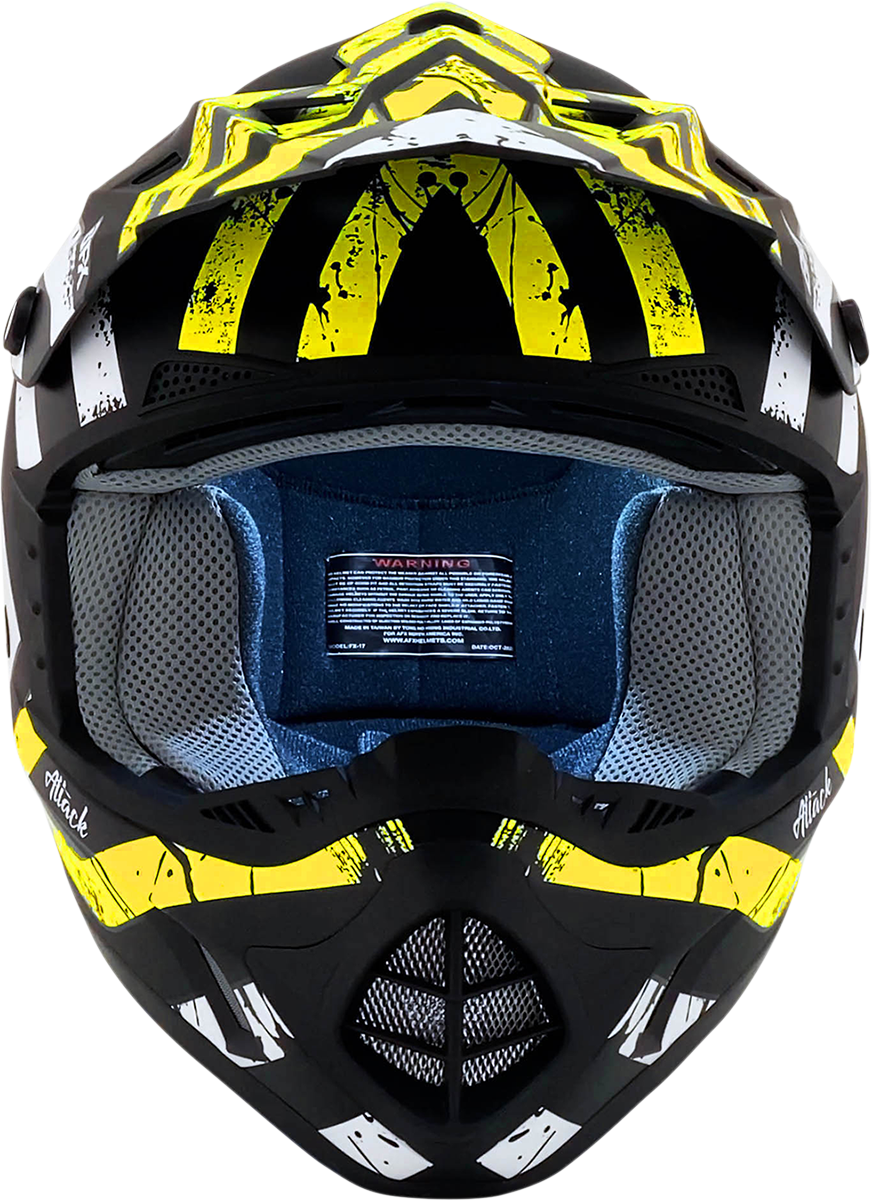 AFX FX-17 Attack helmet in matte black and hi-vis yellow with a medium size, featuring aerodynamic design and ventilation.