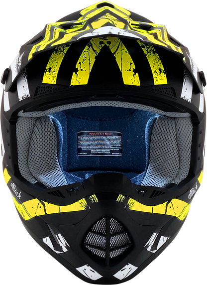 AFX FX-17 Attack helmet in matte black and hi-vis yellow with a medium size, featuring aerodynamic design and ventilation.