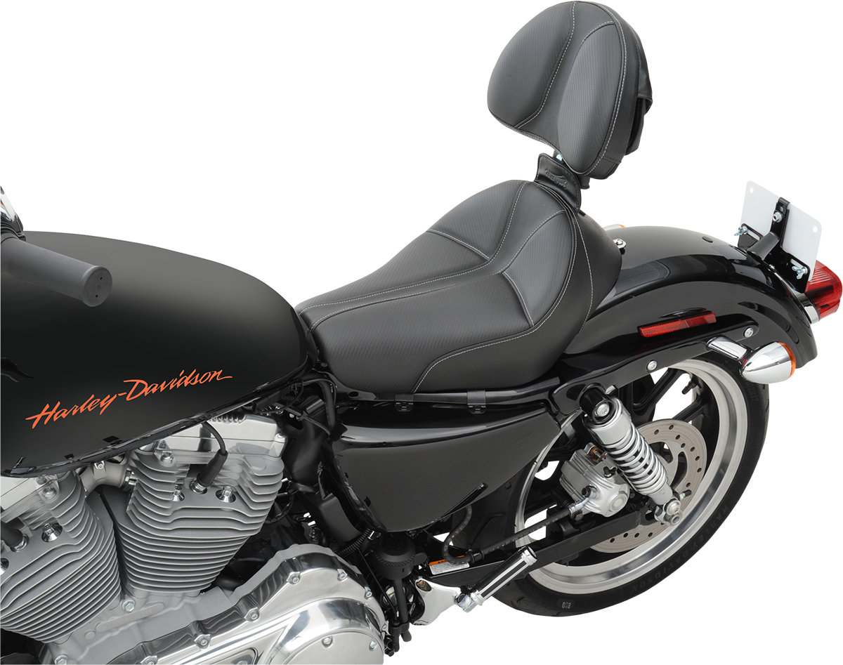 Black SADDLEMEN Dominator Solo Seat with gray stitching for XL motorcycles, featuring stitched leather surface and ergonomic design.
