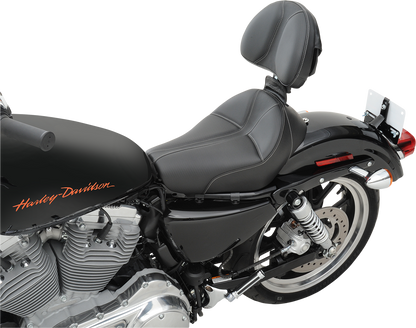 Black SADDLEMEN Dominator Solo Seat with gray stitching for XL motorcycles, featuring stitched leather surface and ergonomic design.