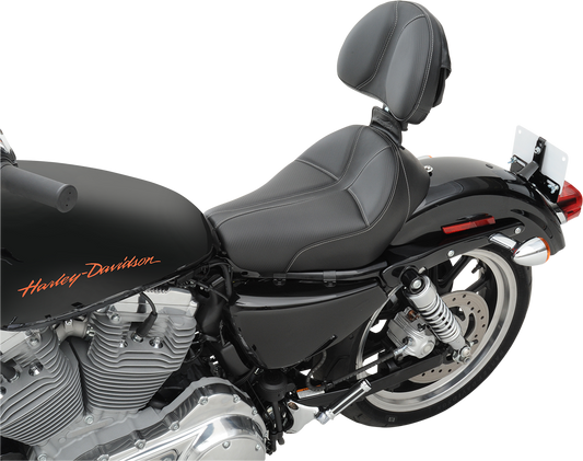 Black SADDLEMEN Dominator Solo Seat with gray stitching for XL motorcycles, featuring stitched leather surface and ergonomic design.