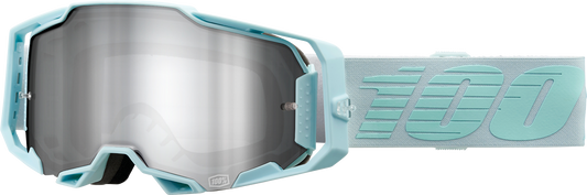 Bill's Exhausts 100% Armega Fargo goggles with silver flash mirror lenses, featuring a sleek design and reflective finish.