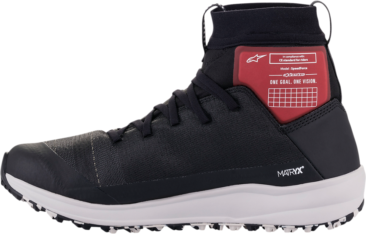 Alpinestars Speedforce racing shoes in black, white, and red with US size 12, featuring sporty design and durable construction.
