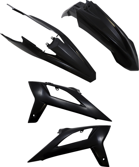 A black Acerbis standard replacement body kit for motorcycles, featuring sleek, durable body panels with detailed design.