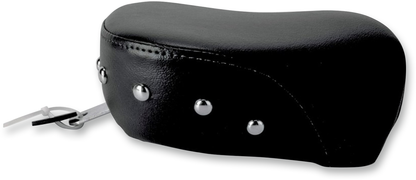 Black Saddlemens Heels Down Touring Pillion Pad with studs, designed for motorcycle seats, featuring a durable, cushioned surface.