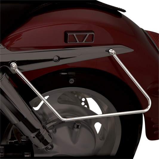 Bill's Exhausts SHOW CHROME Saddlebag Stays for VT1100 engine, featuring durable chrome finish and mounting hardware.