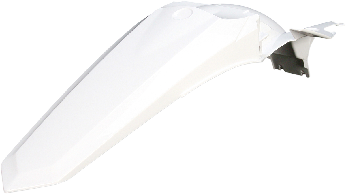 Acerbis white rear fender for motorcycles, designed for durable body protection, shown on a stand with mounting points visible.