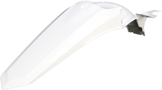 Acerbis white rear fender for motorcycles, designed for durable body protection, shown on a stand with mounting points visible.