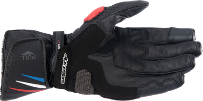 Alpinestars Honda SP-8 V3 motorcycle gloves in black, bright red, and blue, size medium with protective knuckles and padded palms.