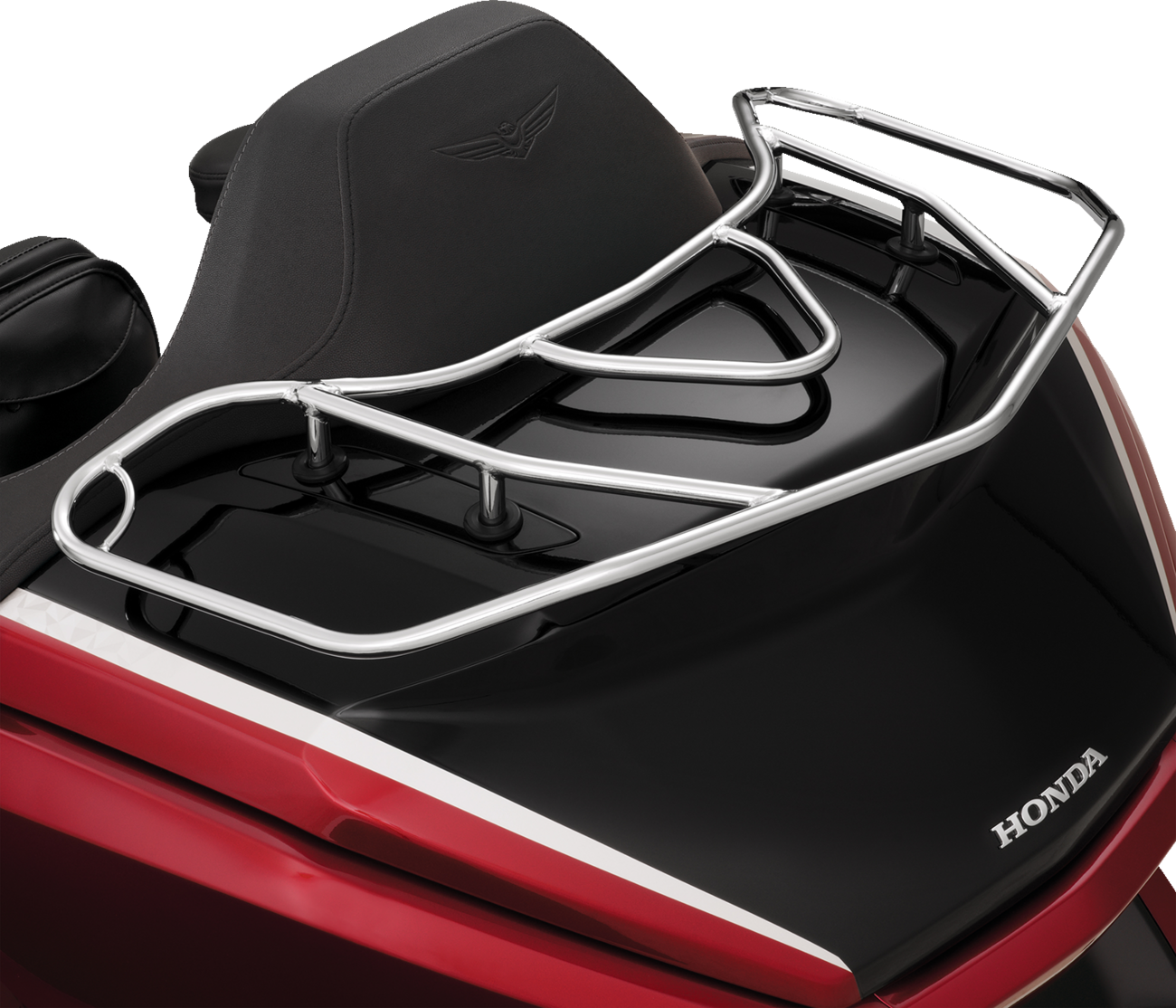 Chrome engine luggage rack for motorcycles, showcasing a sturdy metal design with mounting brackets, from Bill's Exhausts.