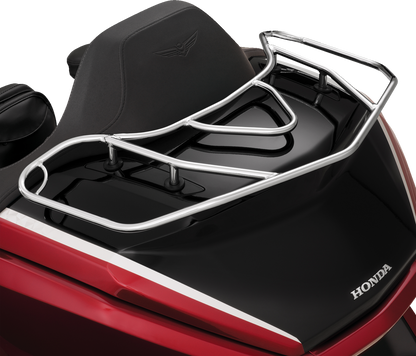 Chrome engine luggage rack for motorcycles, showcasing a sturdy metal design with mounting brackets, from Bill's Exhausts.