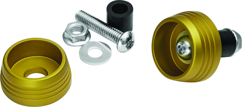 Kuryakyn Lodestar front axle sliders on BMW R1200 motorcycle, protecting suspension and brakes during rides.