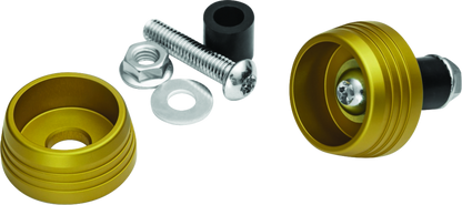 Kuryakyn Lodestar front axle sliders on BMW R1200 motorcycle, protecting suspension and brakes during rides.