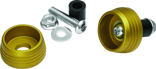 Kuryakyn Lodestar front axle sliders on BMW R1200 motorcycle, protecting suspension and brakes during rides.