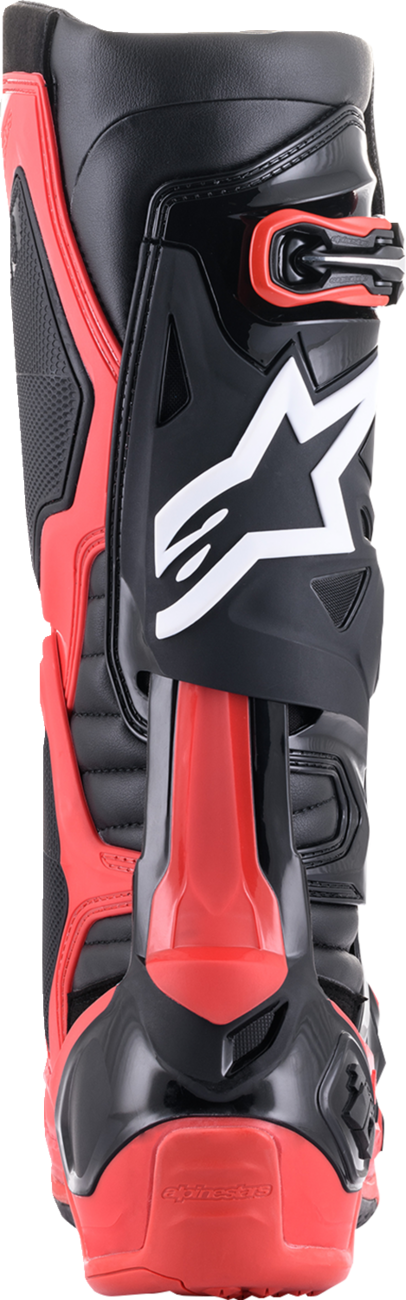 Alpinestars Tech 10 Acumen motorcycle boots in black and red with protective design, US size 10, featuring durable construction and ankle support.