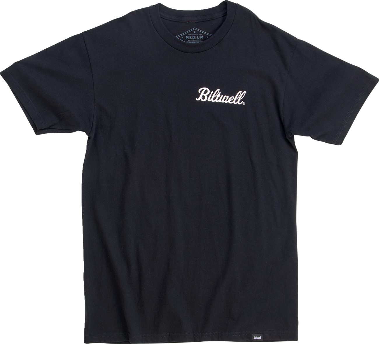 Black BILTWELL Badge T-Shirt in small size, featuring a front printed logo, made by Bill's Exhausts.