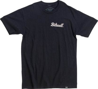 Black BILTWELL Badge T-Shirt in small size, featuring a front printed logo, made by Bill's Exhausts.
