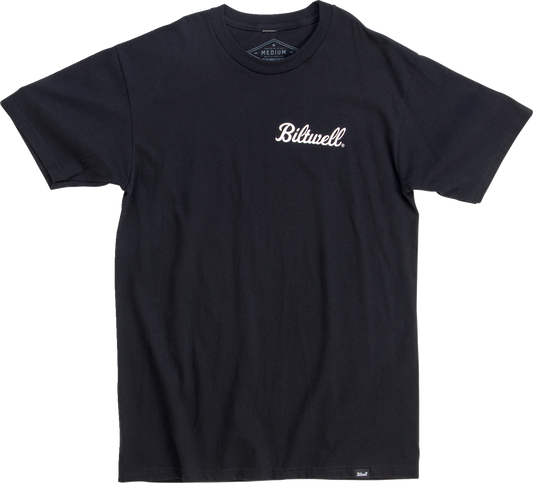 Black BILTWELL Badge T-Shirt in small size, featuring a front printed logo, made by Bill's Exhausts.