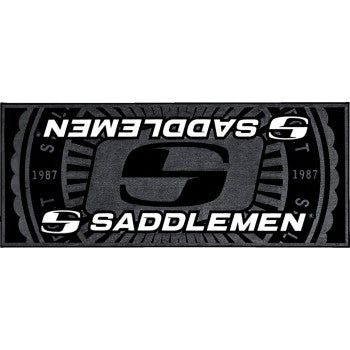 Bill's Exhausts SADDLEMEN Floor Mat, 78.5 x 31.5 inches, showing textured rubber surface with stitched edges and branding details.