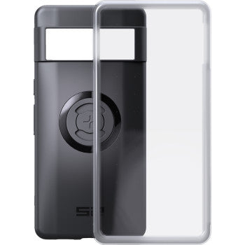 Google Pixel 8 Pro with SP CONNECT Weather Cover mounted on a phone mount, protecting the device from weather elements.