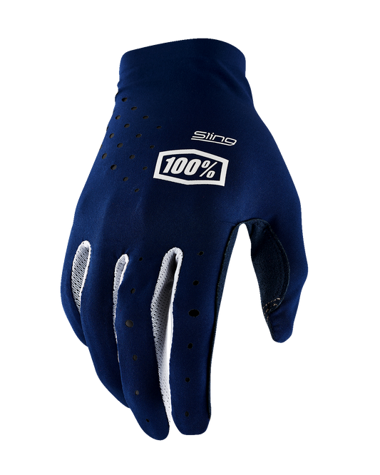 Bill's Exhausts 100% Sling MX Gloves in navy, medium size, featuring durable fabric and adjustable wrist straps.